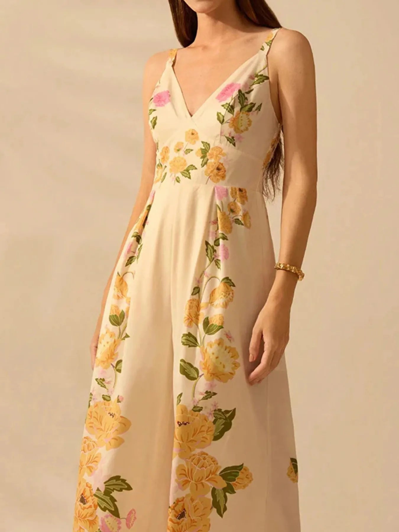 Floral Print Wide-Leg V-Neck Cami Jumpsuit - SuzRevera