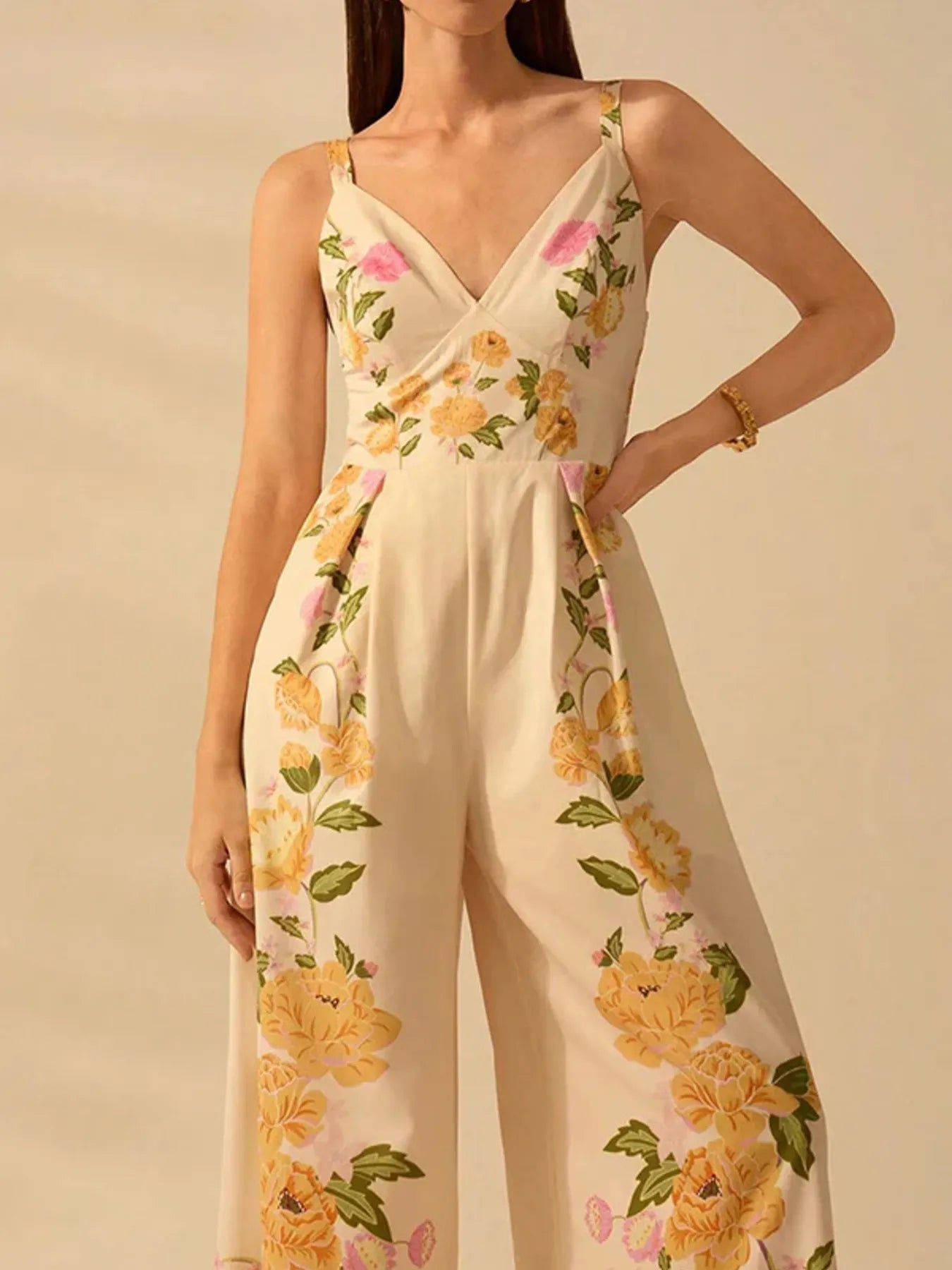 Floral Print Wide-Leg V-Neck Cami Jumpsuit - SuzRevera