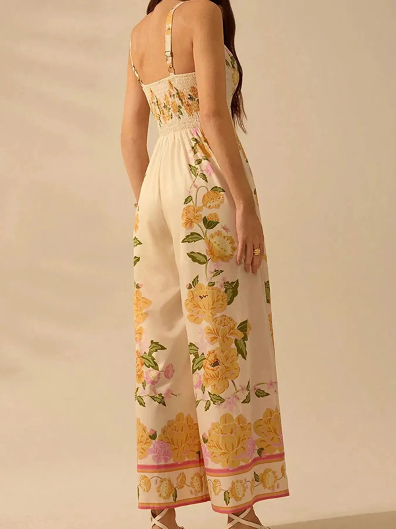 Floral Print Wide-Leg V-Neck Cami Jumpsuit - SuzRevera