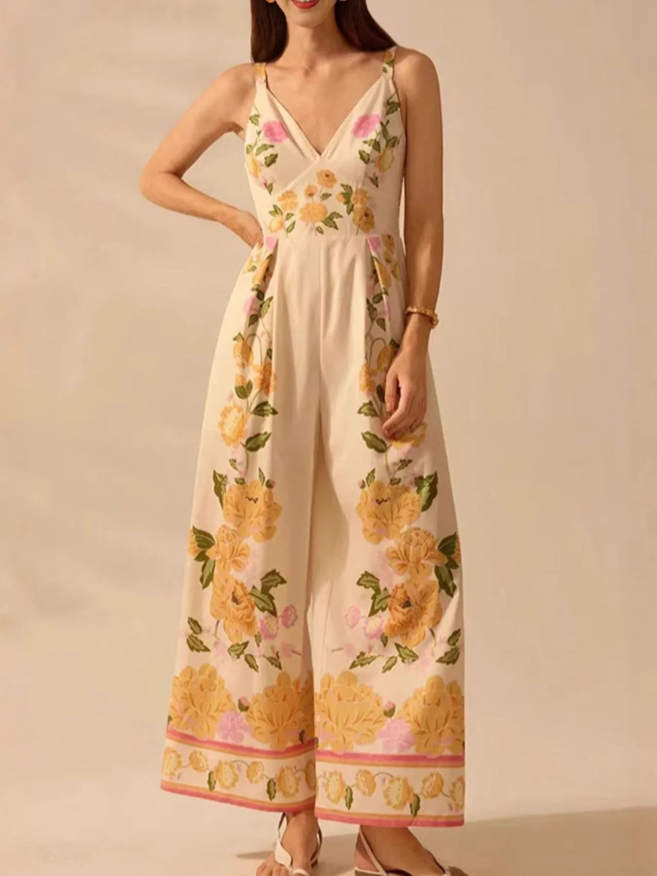 Floral Print Wide-Leg V-Neck Cami Jumpsuit - SuzRevera