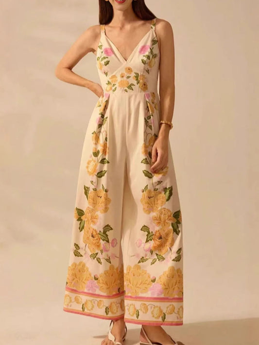 Floral Print Wide-Leg V-Neck Cami Jumpsuit - SuzRevera