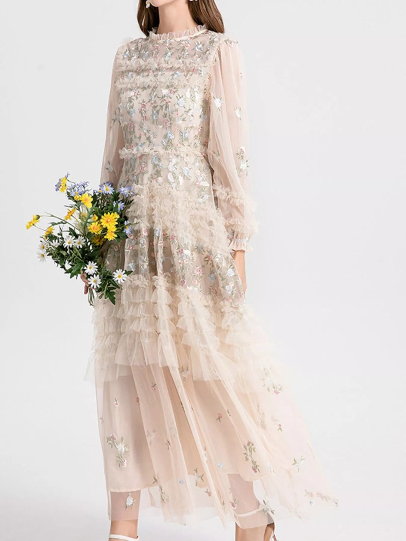 Floral Tulle Layered Maxi Dress - SuzRevera