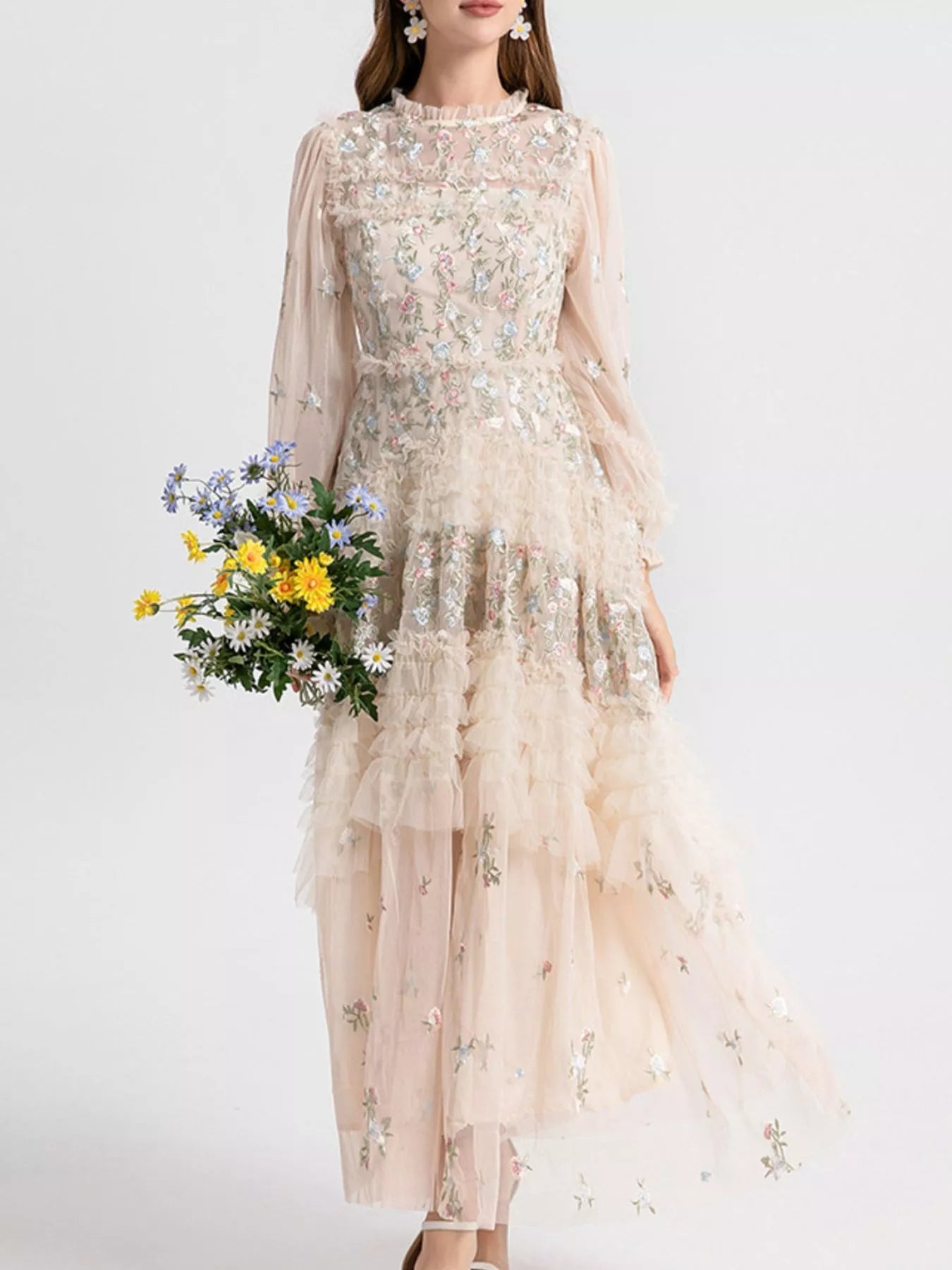 Floral Tulle Layered Maxi Dress - SuzRevera