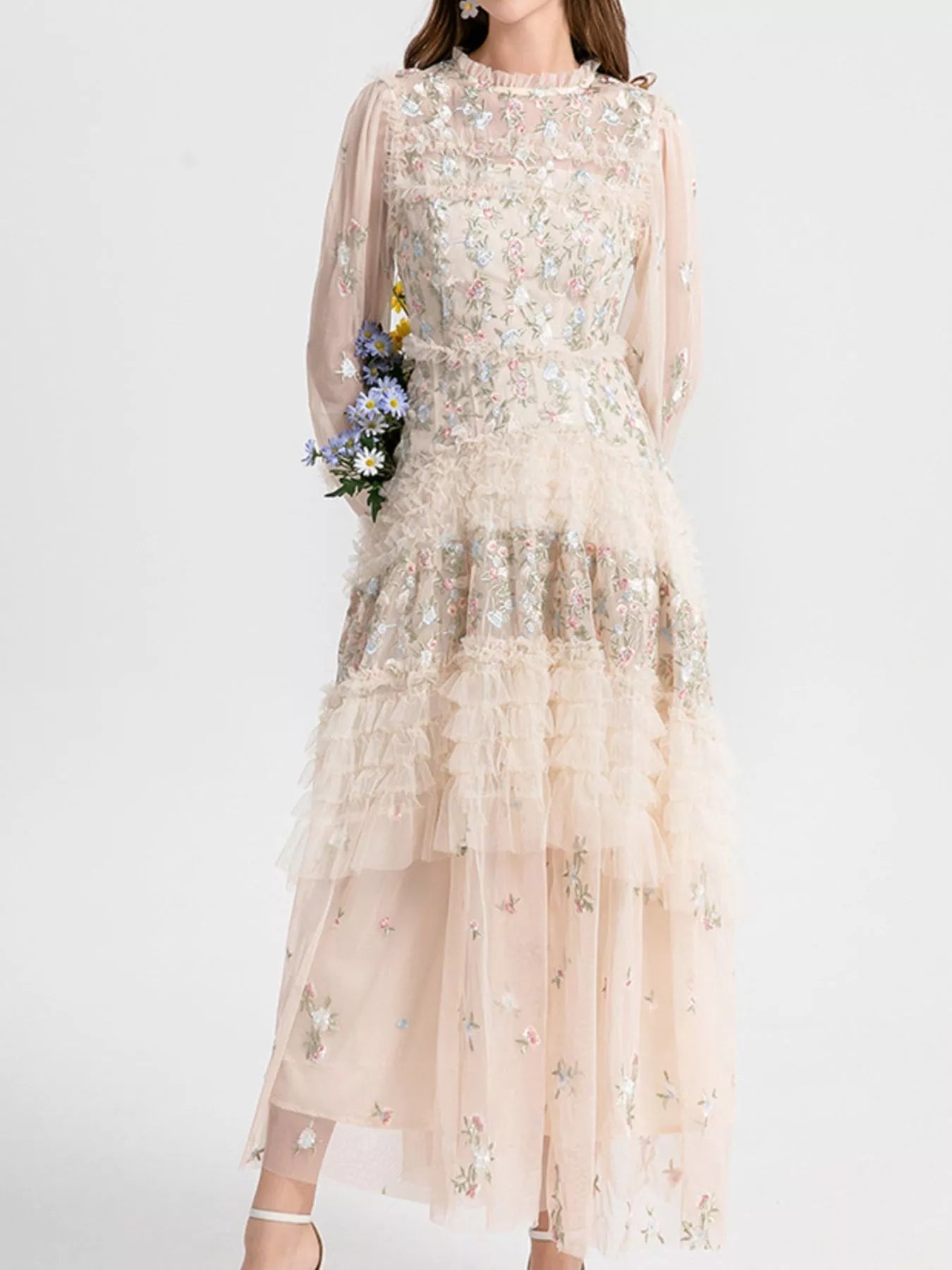Floral Tulle Layered Maxi Dress - SuzRevera