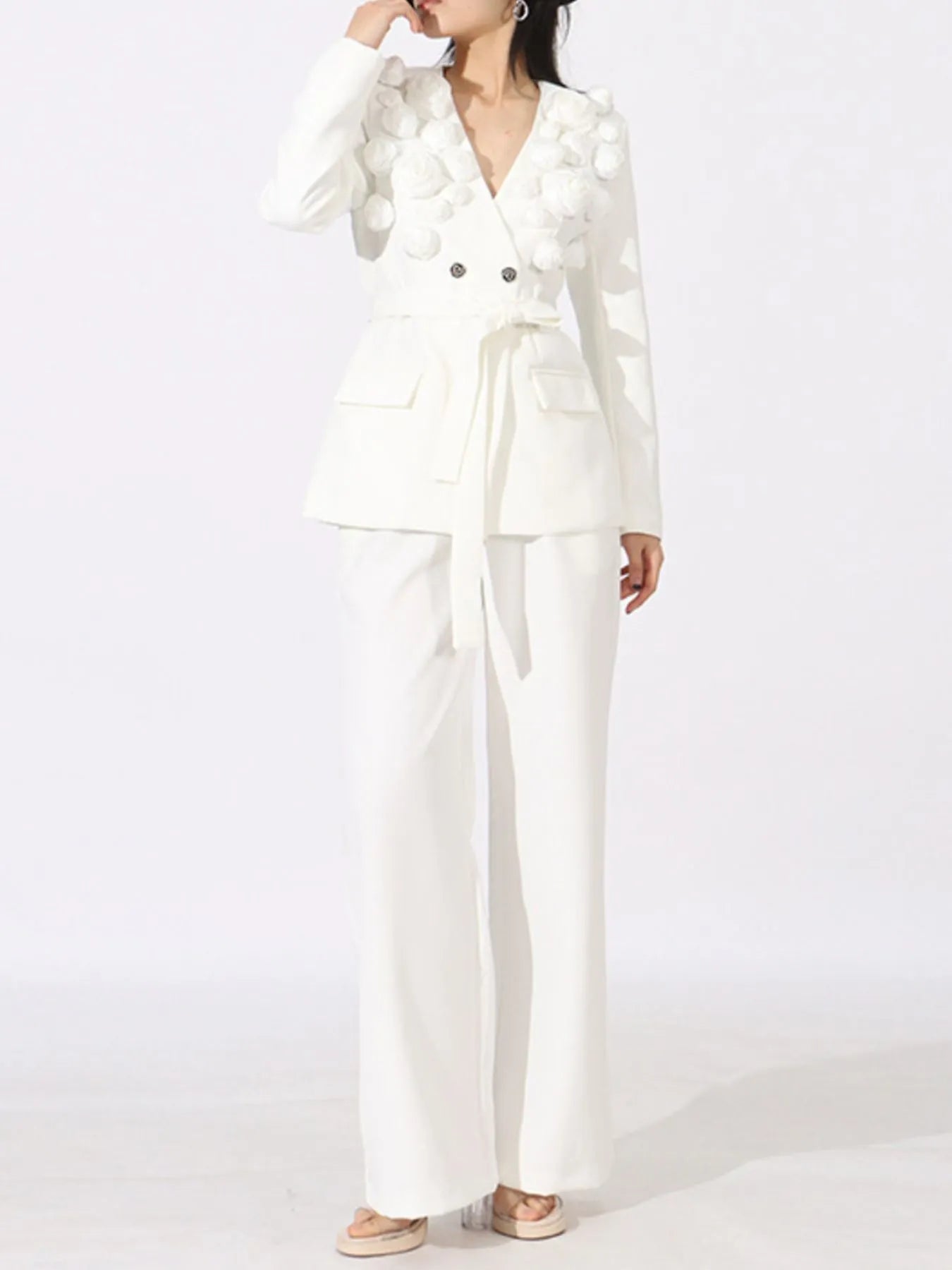 Flower Long Sleeve Blazer and Pants Set - SuzRevera