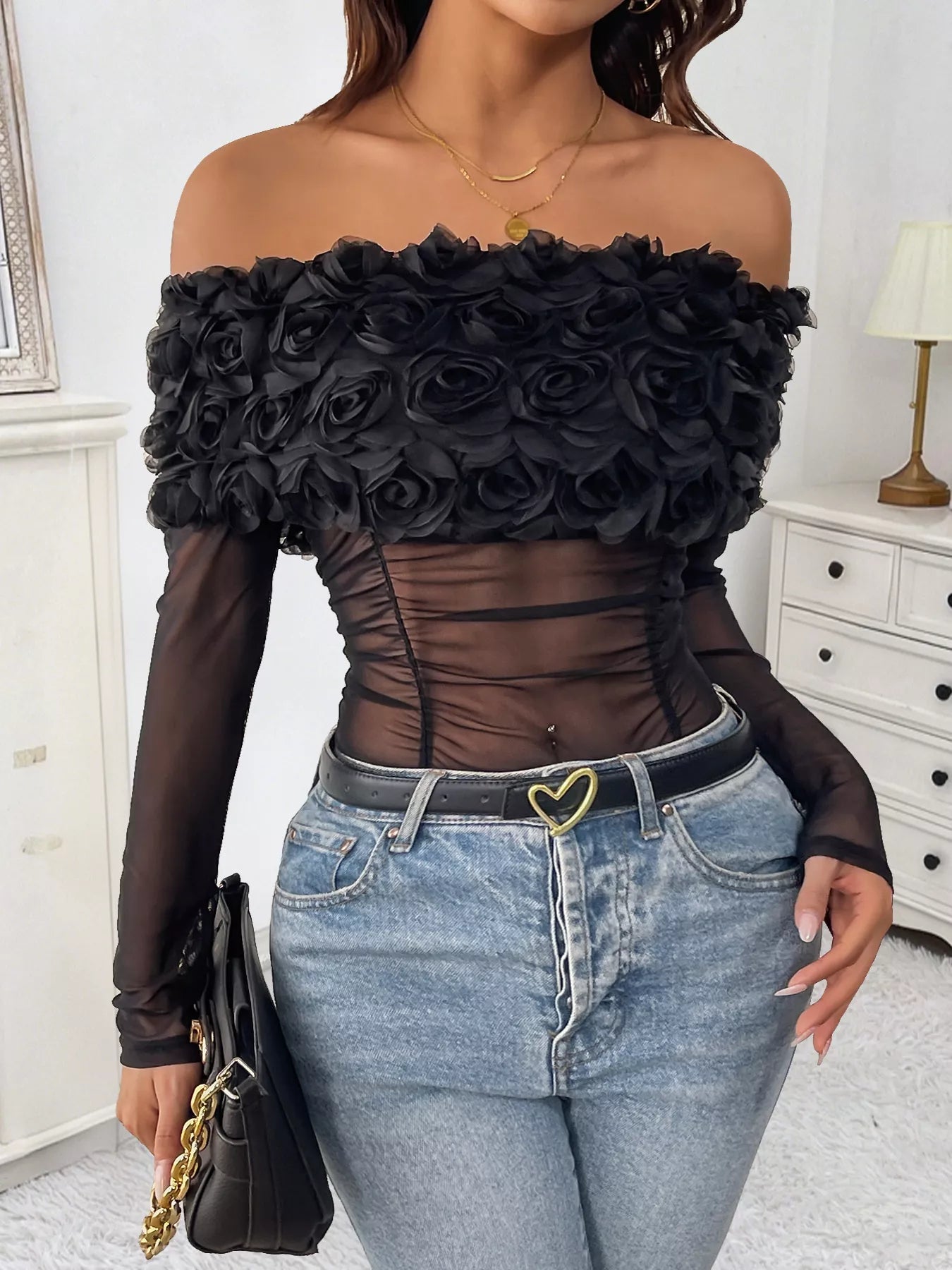 Flower Off - Shoulder Mesh Bodysuit - SuzRevera