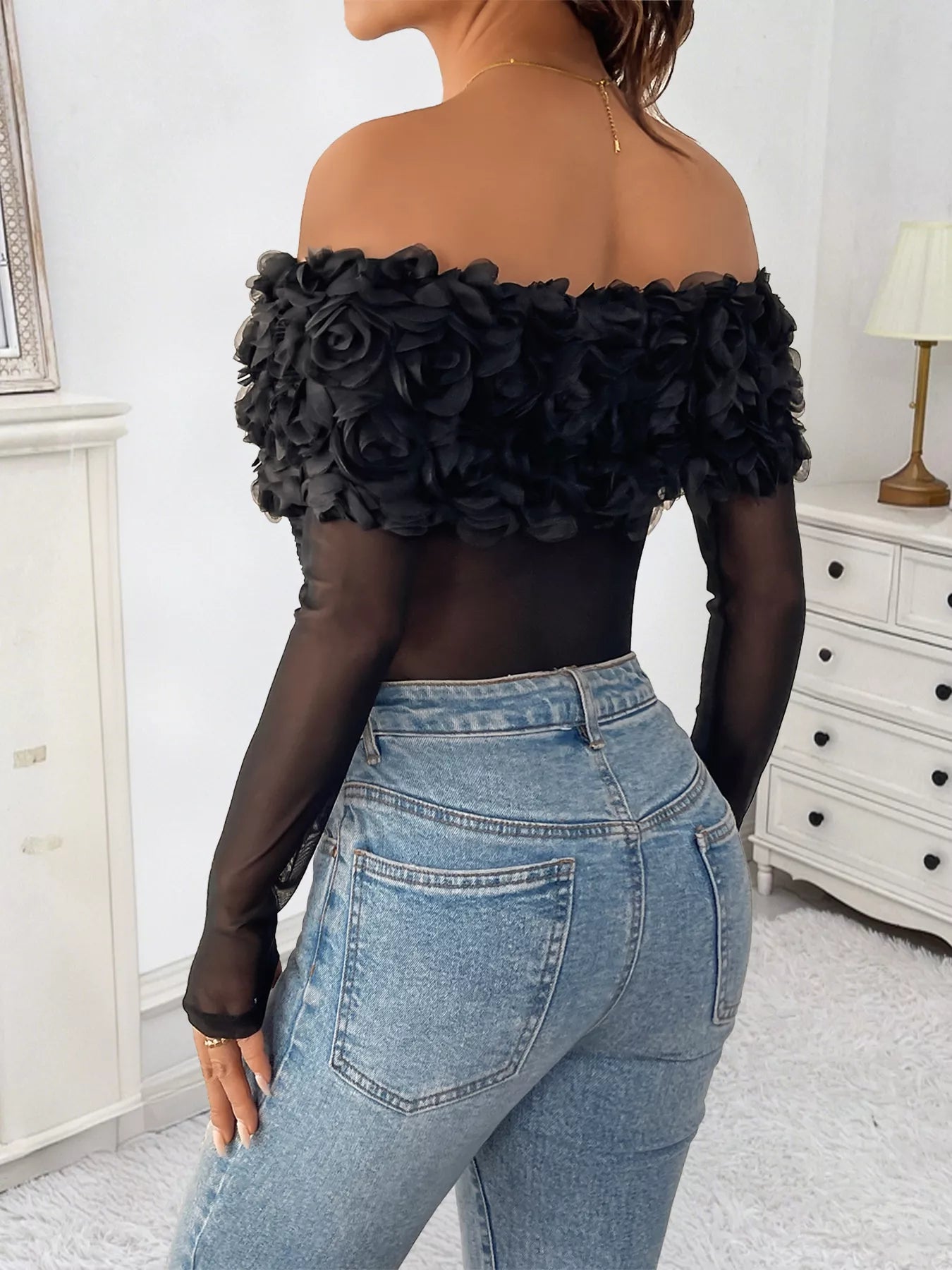 Flower Off - Shoulder Mesh Bodysuit - SuzRevera