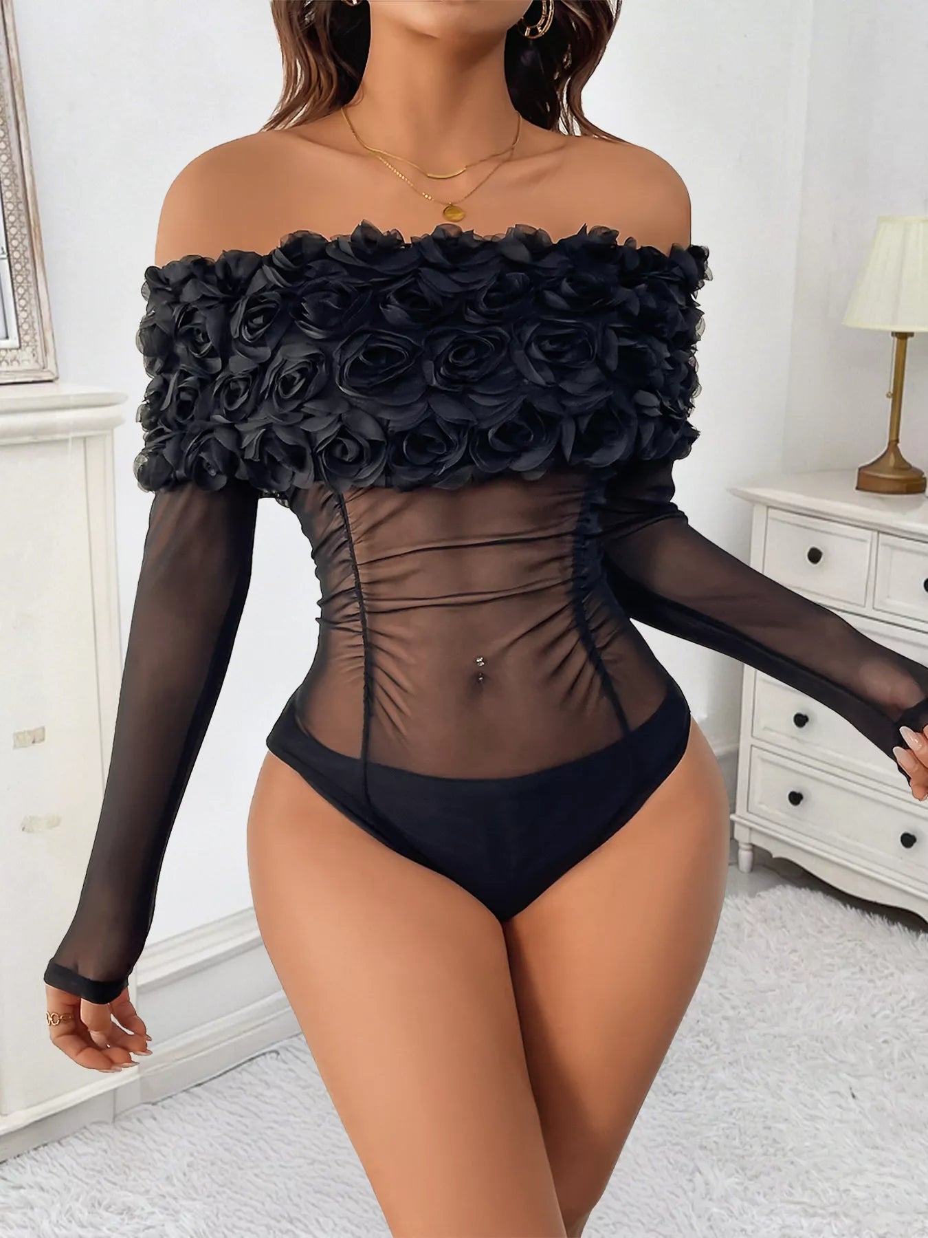Flower Off - Shoulder Mesh Bodysuit - SuzRevera