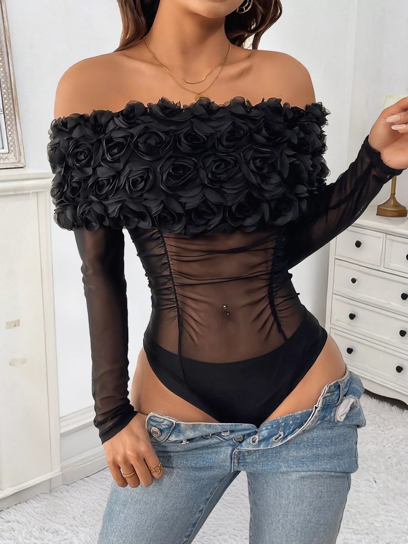 Flower Off - Shoulder Mesh Bodysuit - SuzRevera