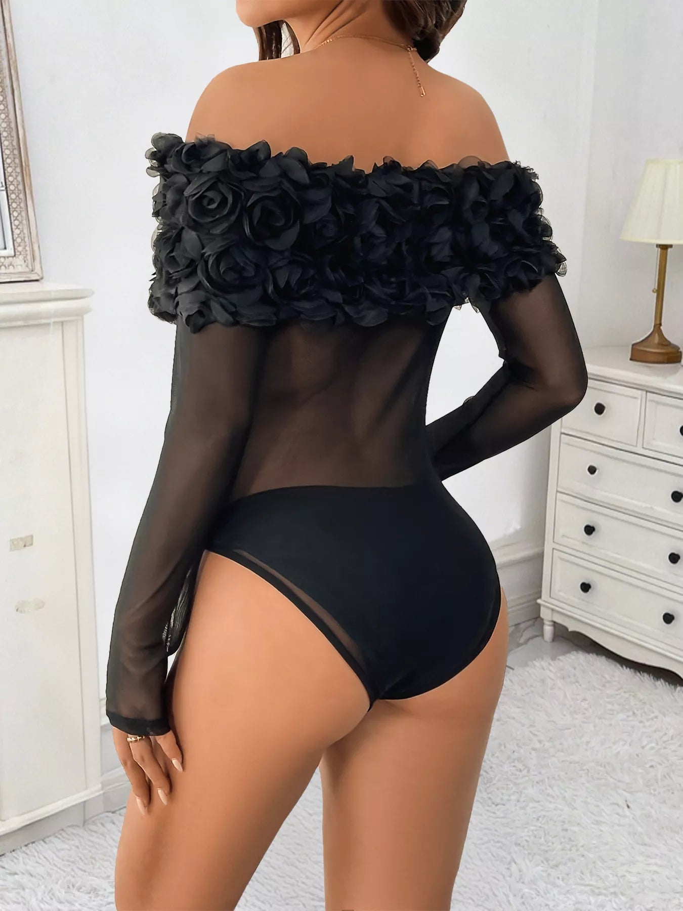 Flower Off - Shoulder Mesh Bodysuit - SuzRevera