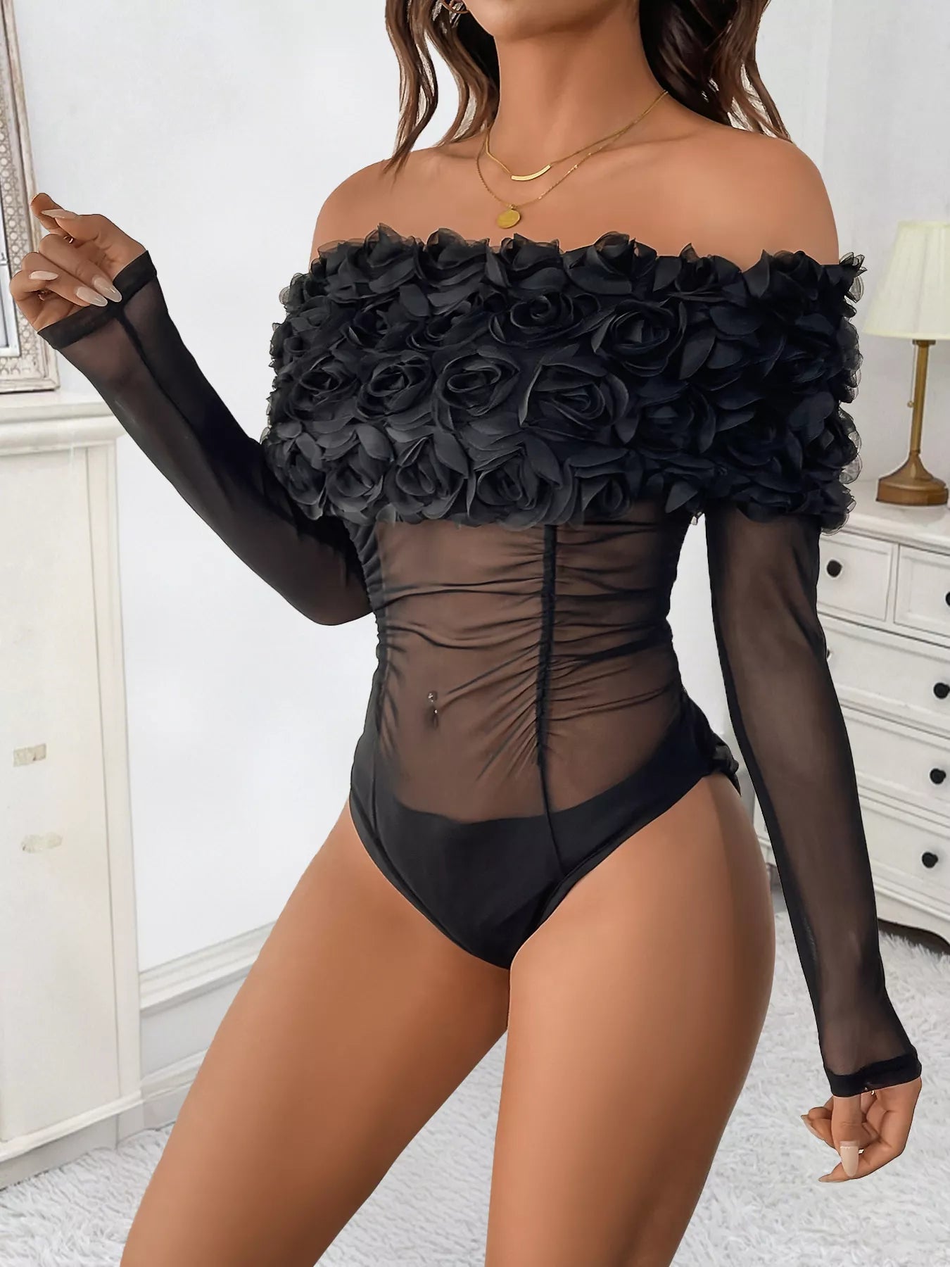 Flower Off - Shoulder Mesh Bodysuit - SuzRevera