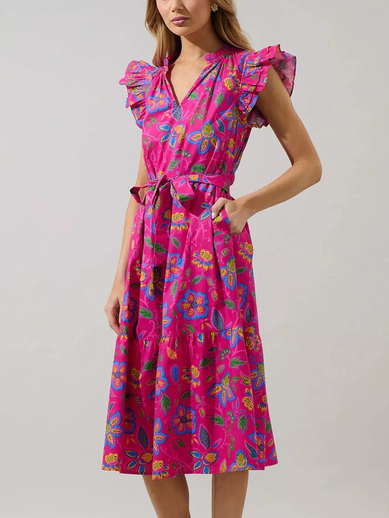 Flutter Sleeve Belted Floral Dress - SuzRevera