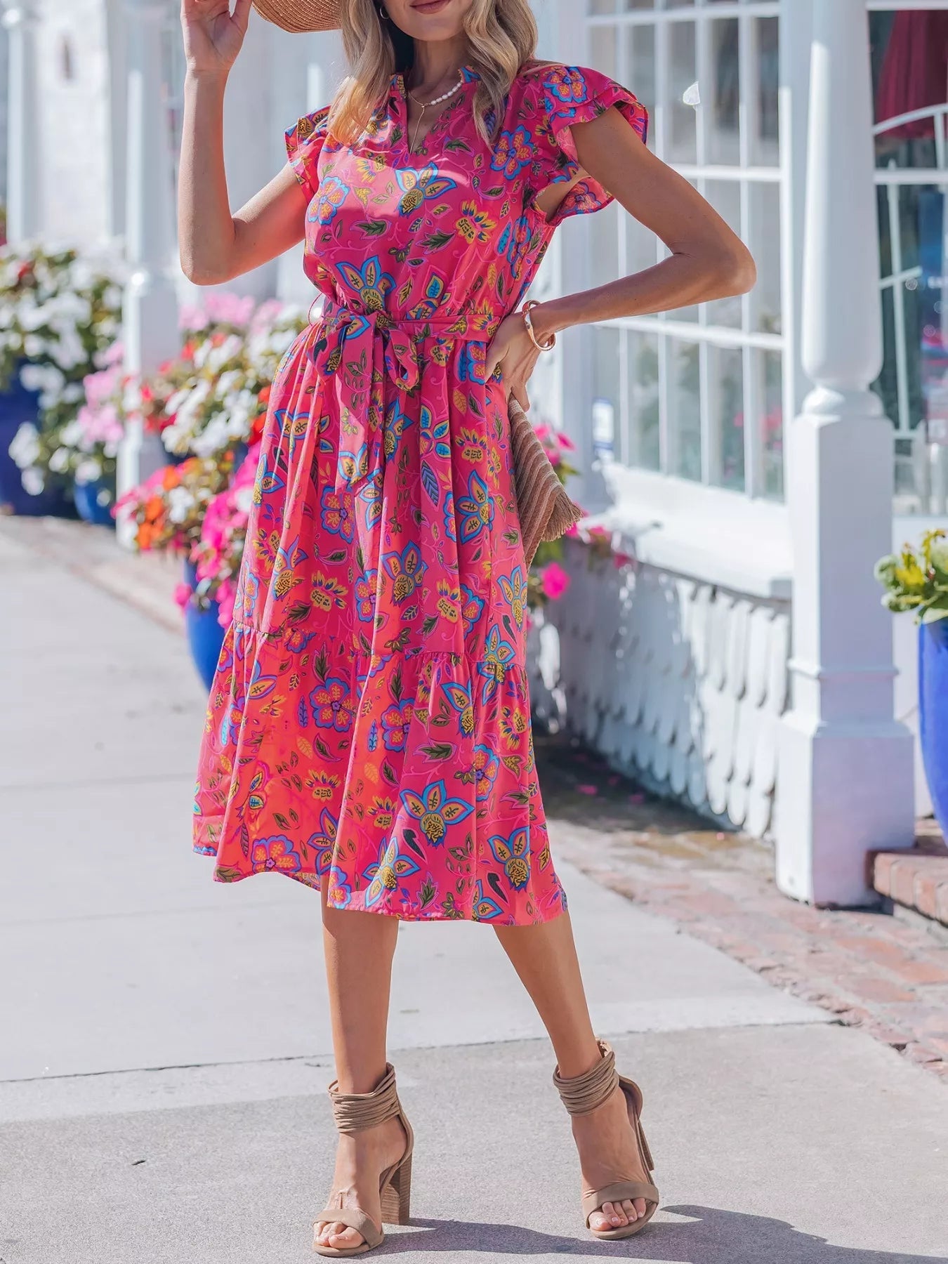 Flutter Sleeve Belted Floral Dress - SuzRevera