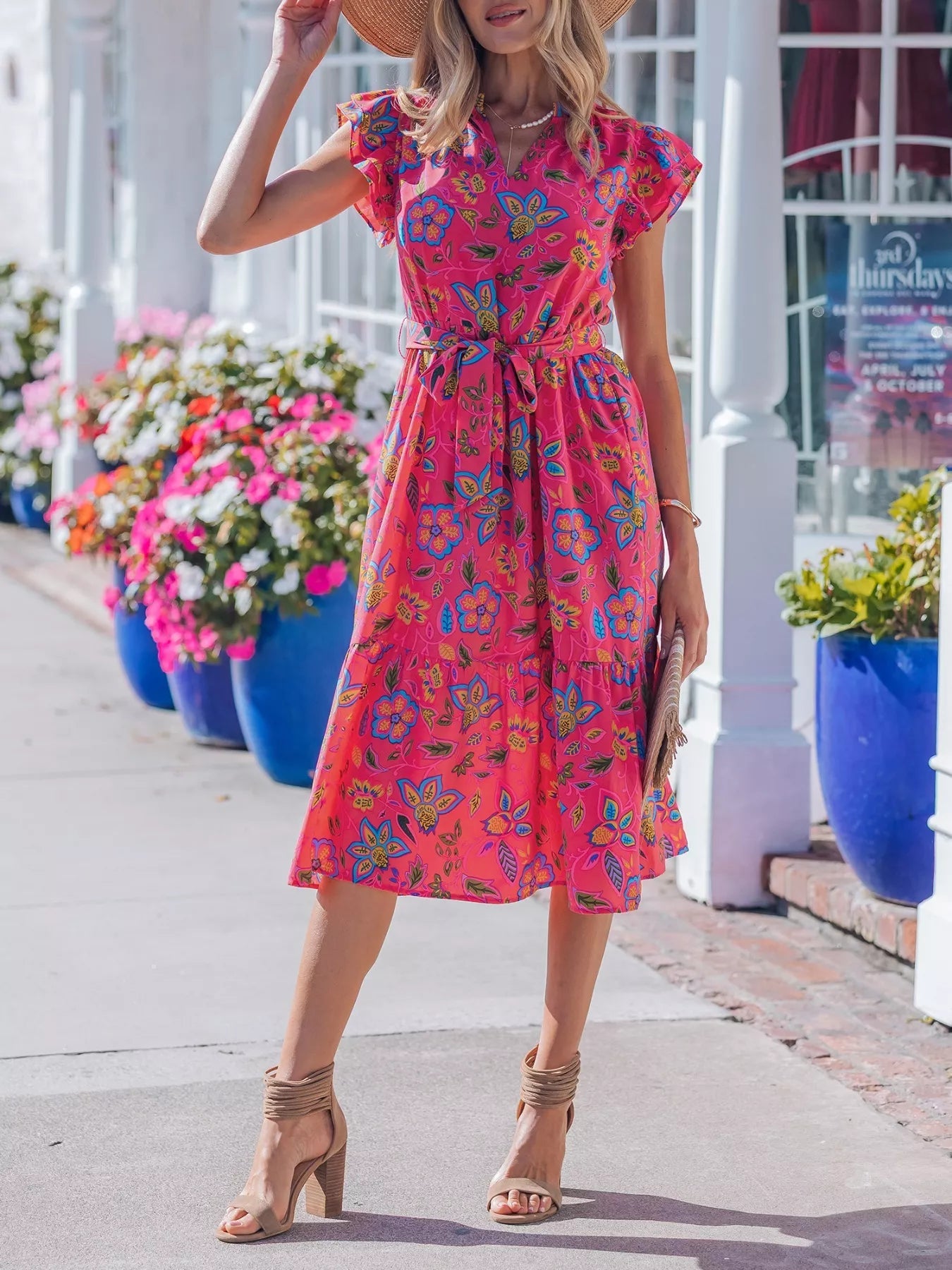 Flutter Sleeve Belted Floral Dress - SuzRevera