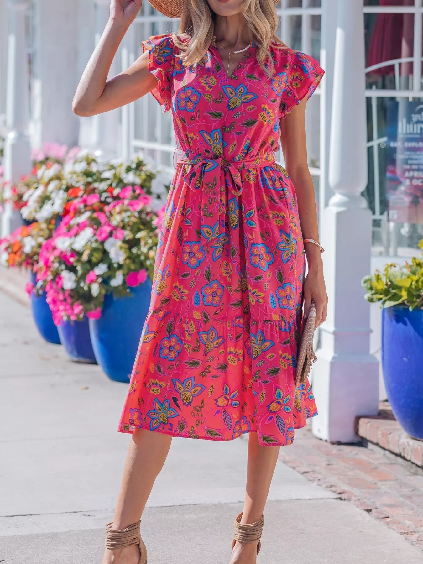Flutter Sleeve Belted Floral Dress - SuzRevera