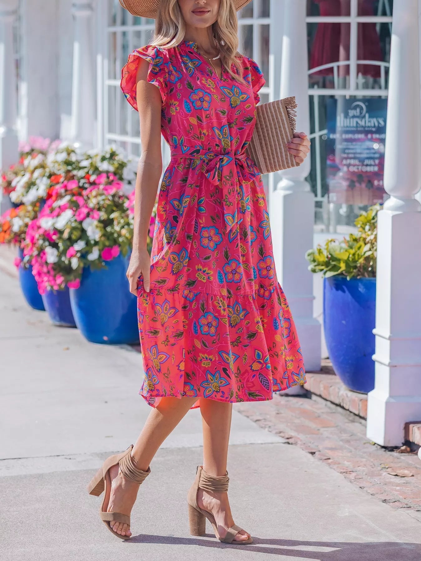 Flutter Sleeve Belted Floral Dress - SuzRevera