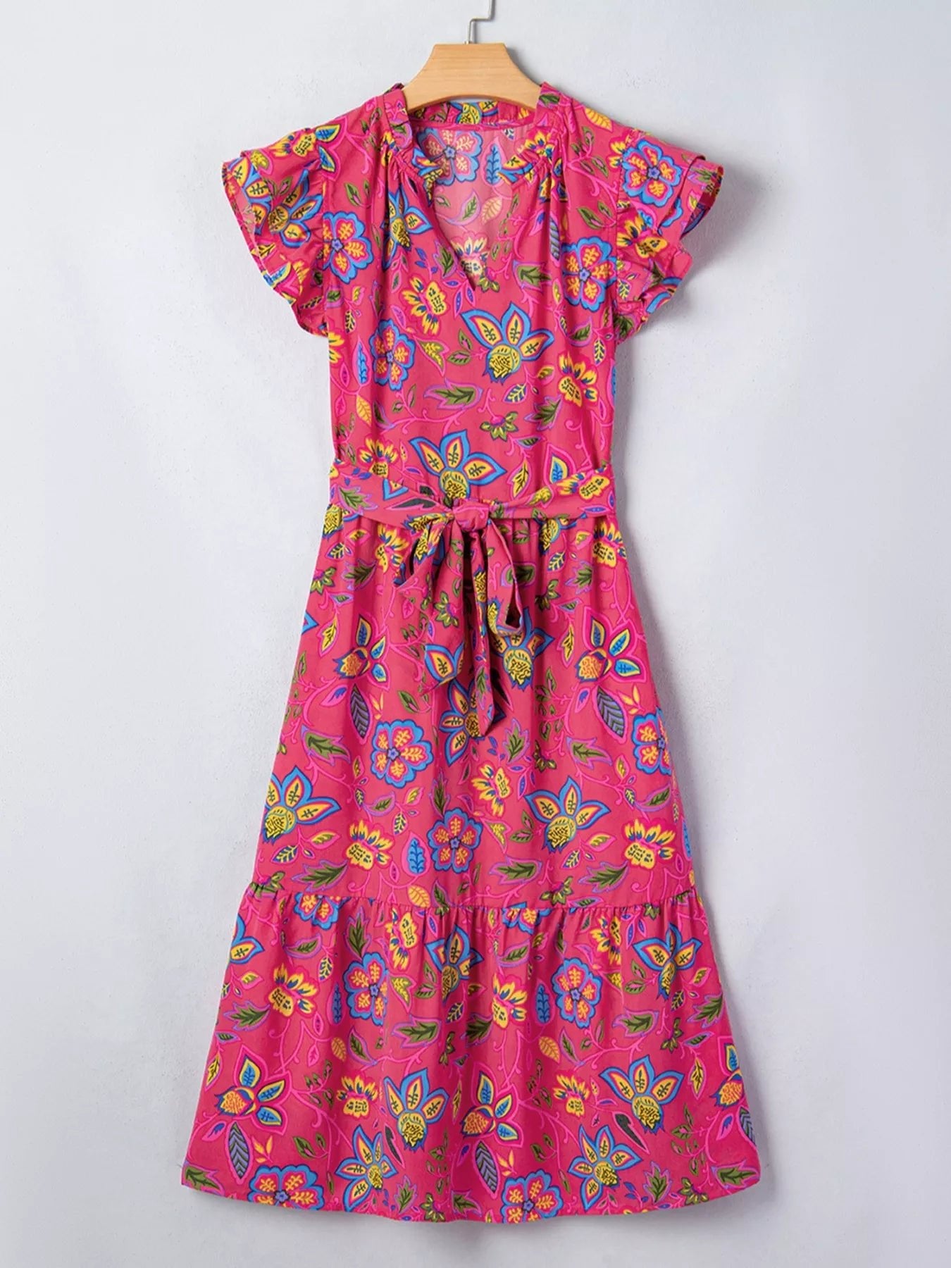 Flutter Sleeve Belted Floral Dress - SuzRevera