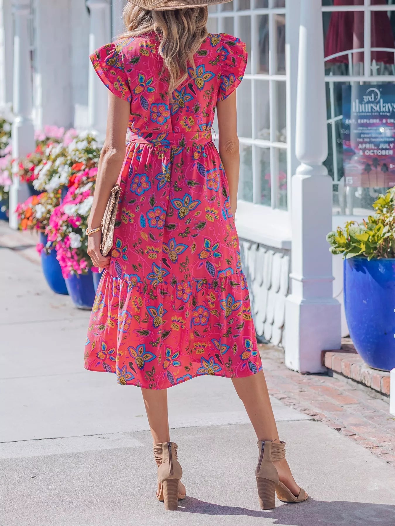Flutter Sleeve Belted Floral Dress - SuzRevera