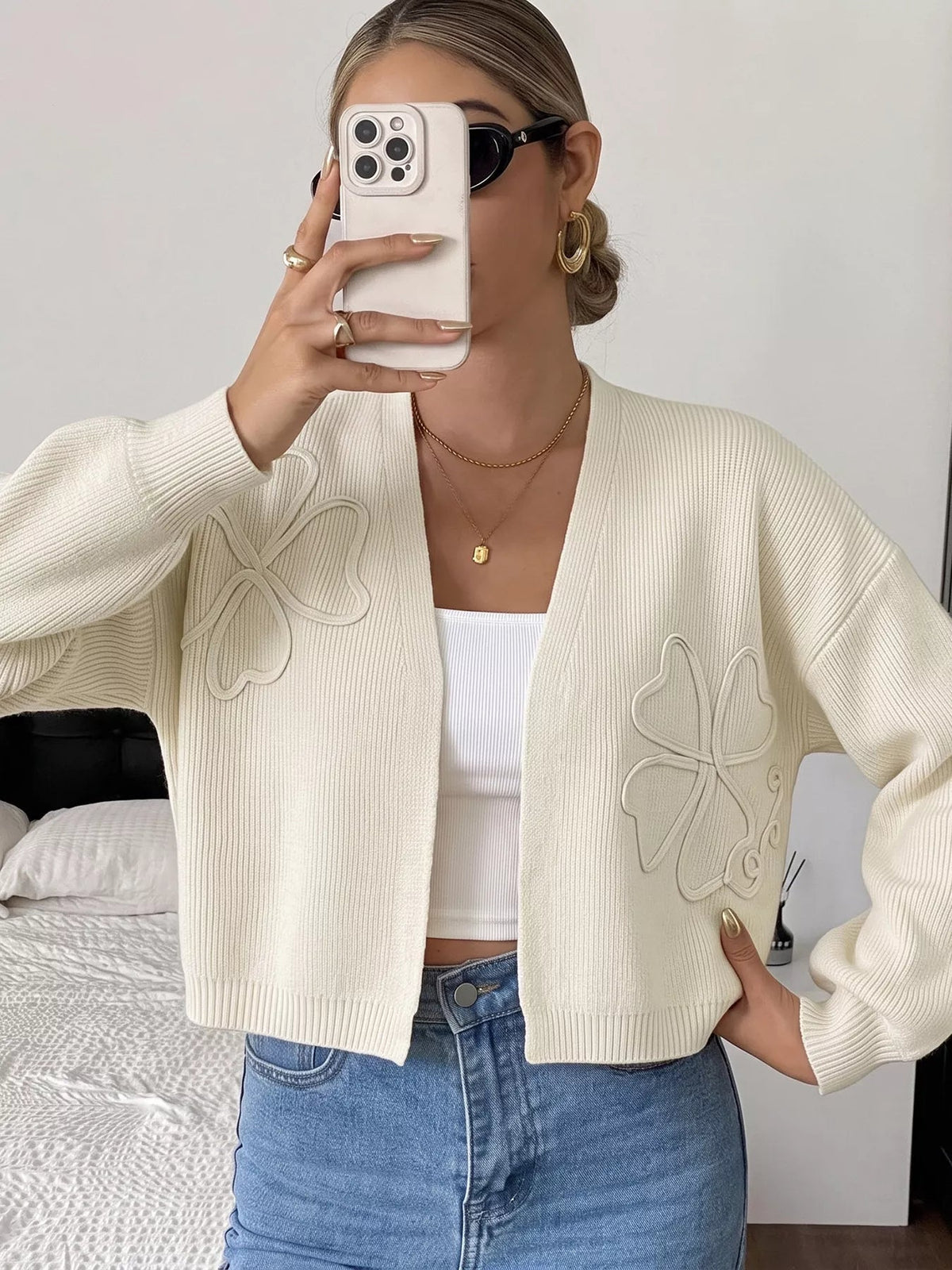 Four-Leaf Clover Open Front Cardigan - SuzRevera