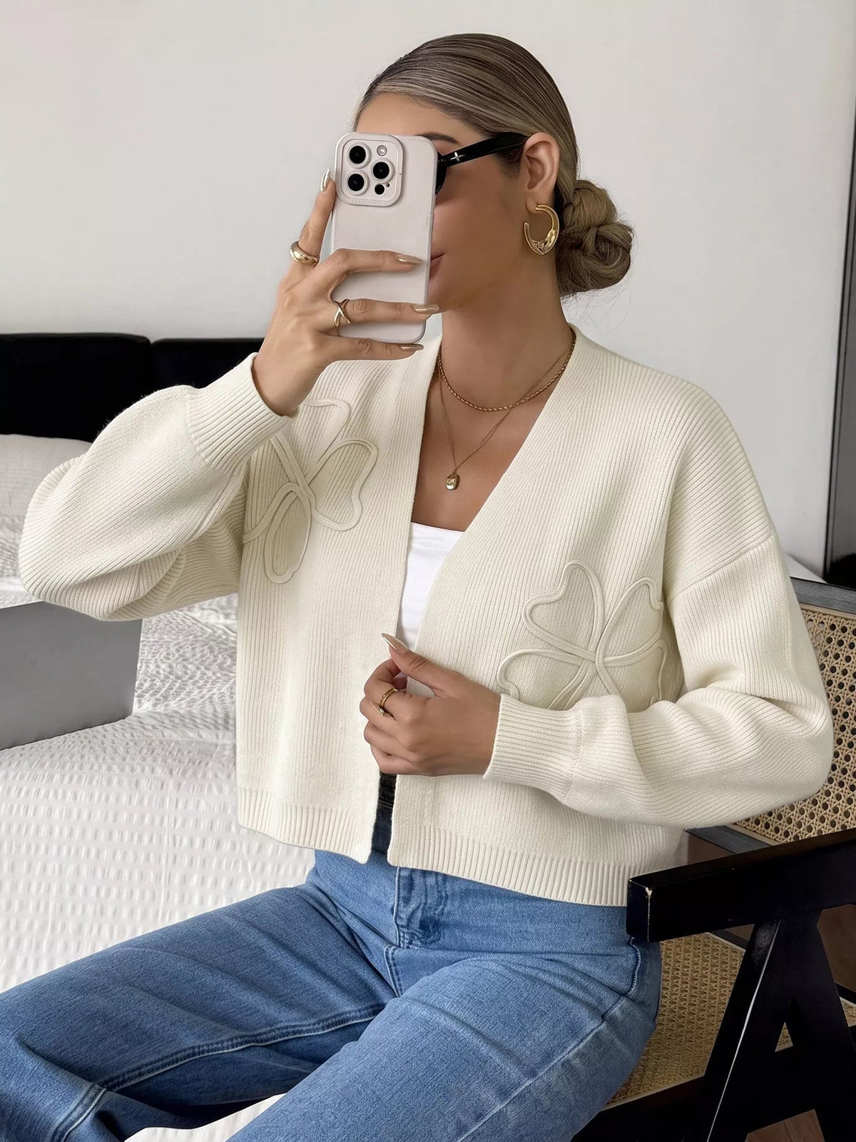 Four-Leaf Clover Open Front Cardigan - SuzRevera