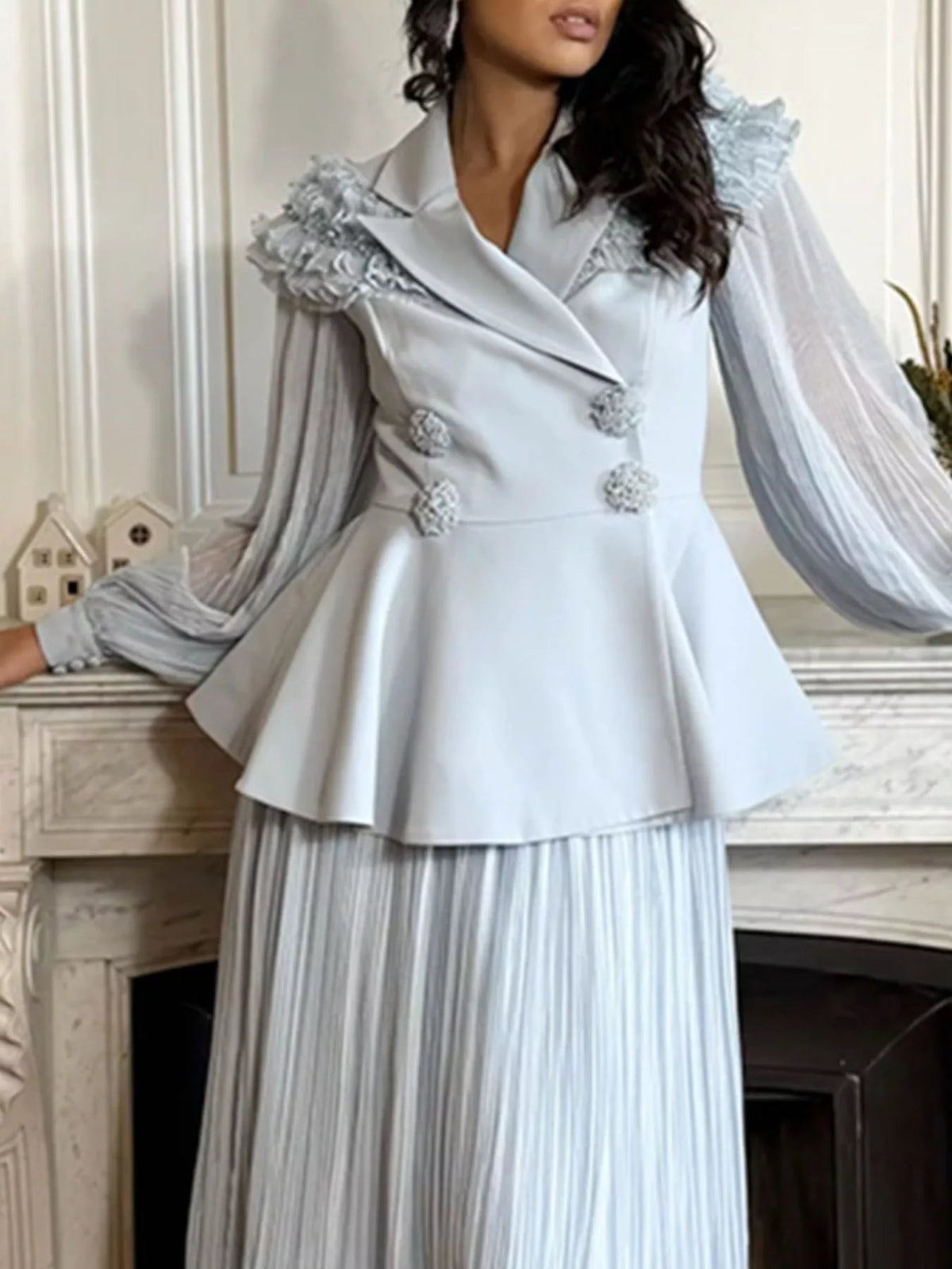 Frill Lapel Collar Top and Pleated Skirt Set - SuzRevera