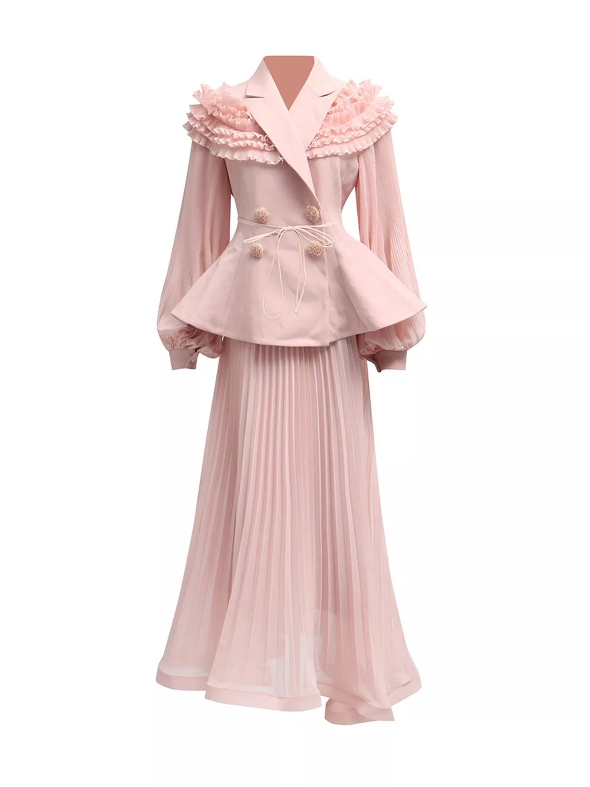 Frill Lapel Collar Top and Pleated Skirt Set - SuzRevera