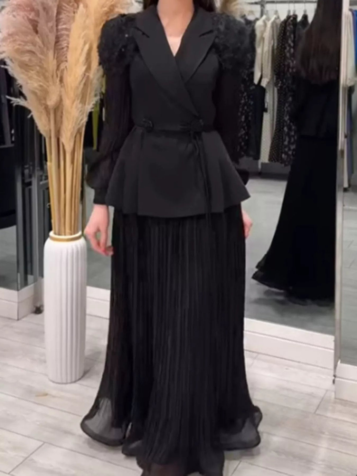 Frill Lapel Collar Top and Pleated Skirt Set - SuzRevera