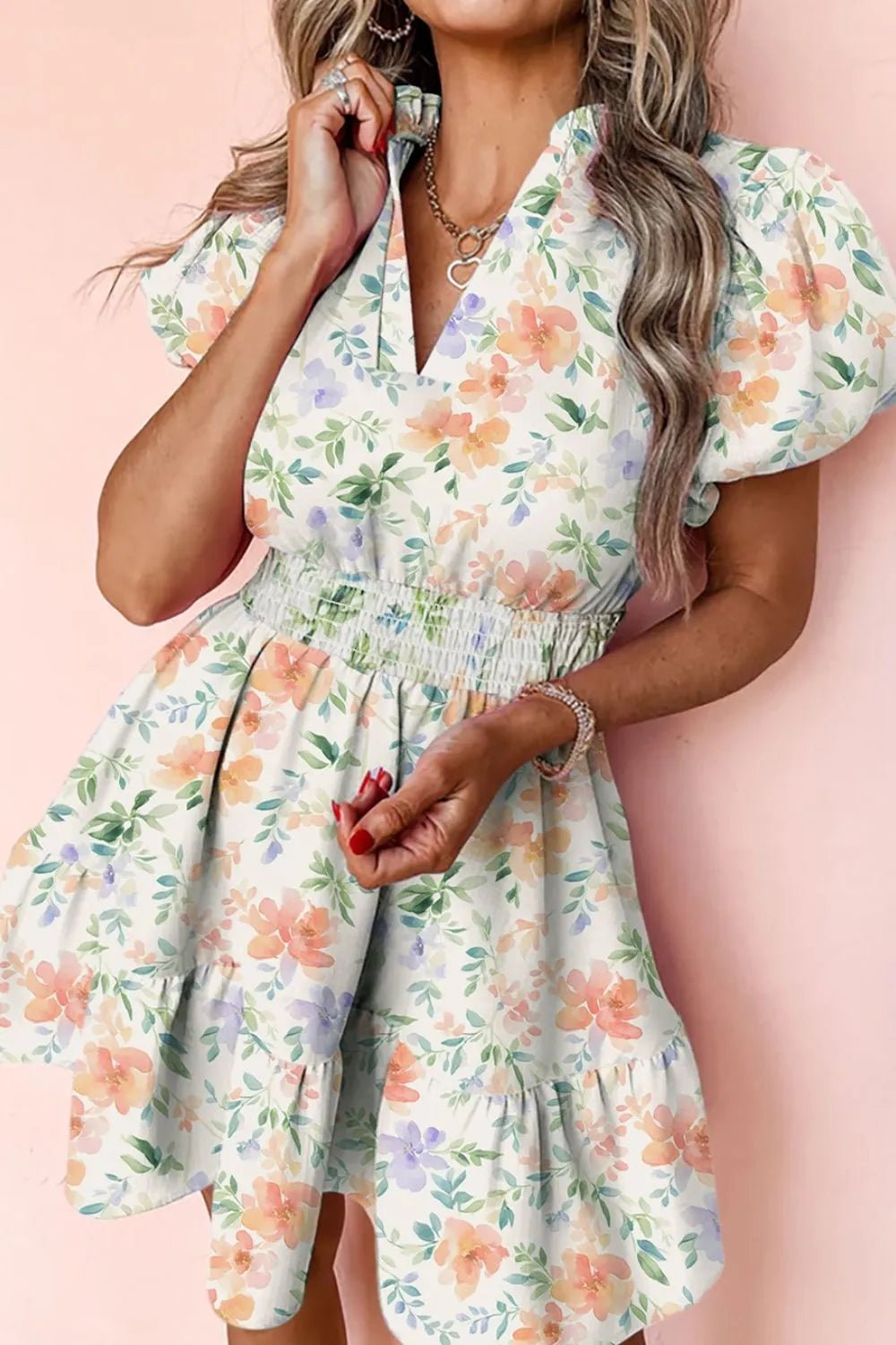 Frill Notched Puff Sleeve Dress - SuzRevera