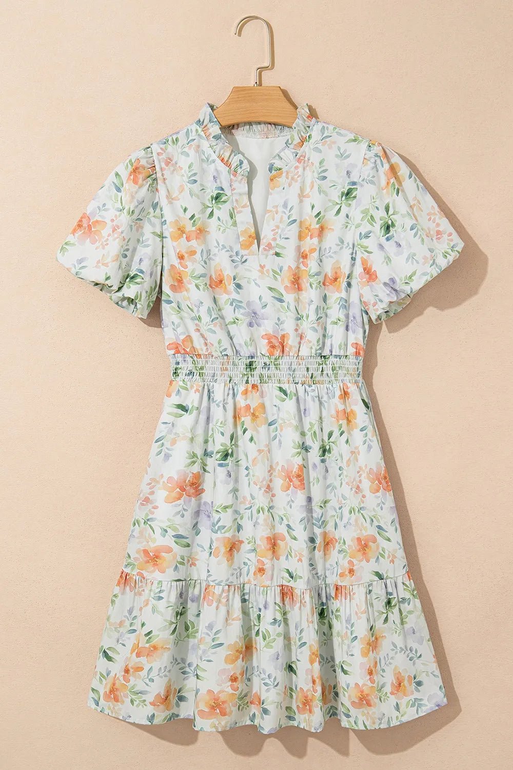 Frill Notched Puff Sleeve Dress - SuzRevera