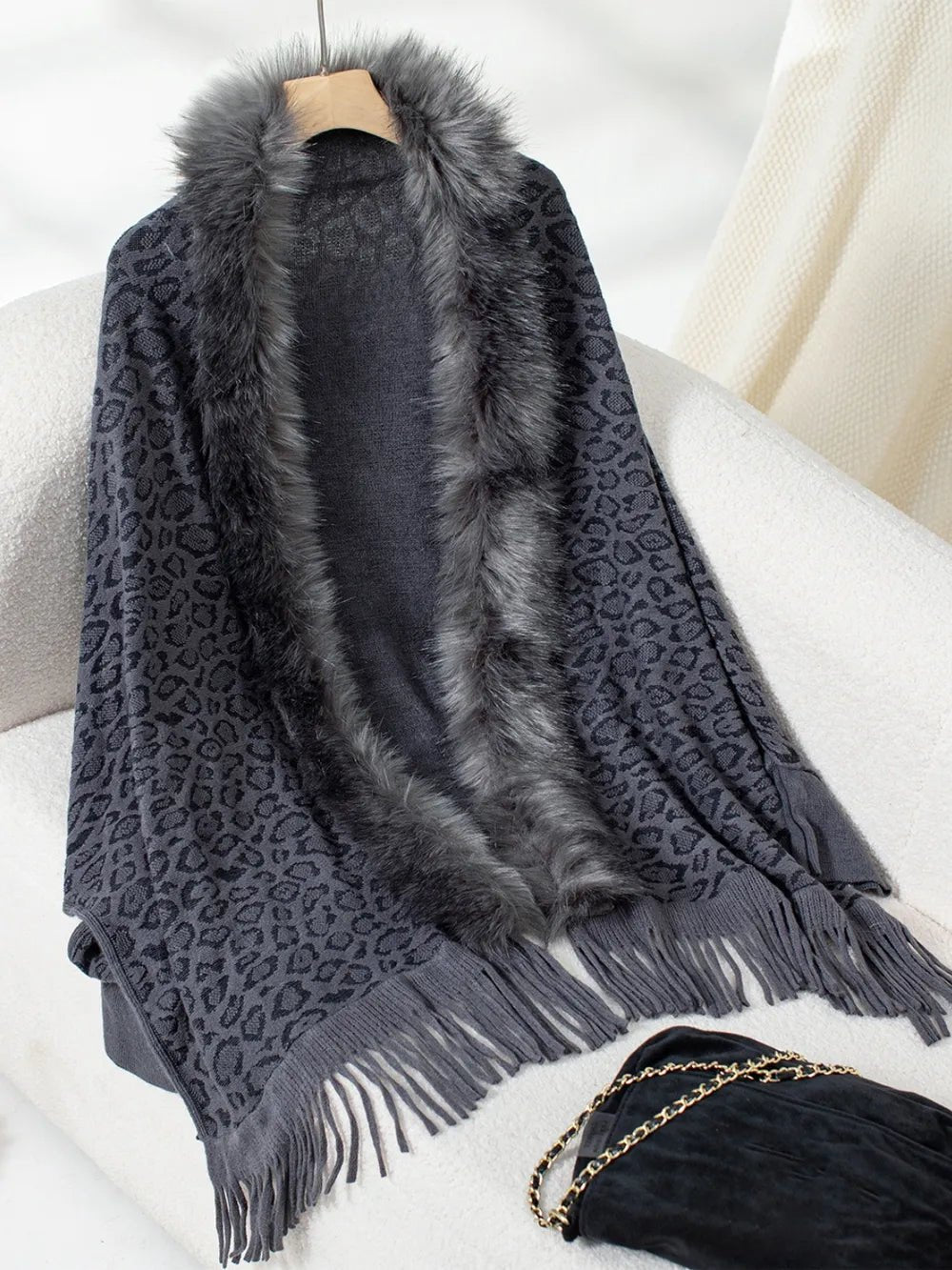 Fringe Leopard Open Front Long Sleeve Poncho - SuzRevera