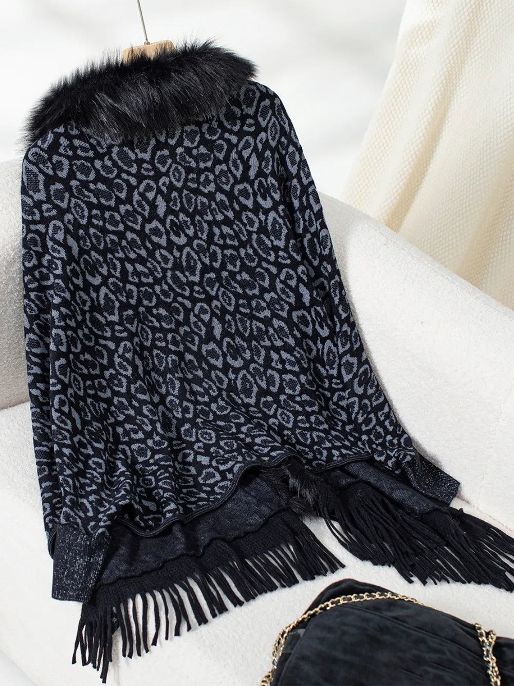 Fringe Leopard Open Front Long Sleeve Poncho - SuzRevera