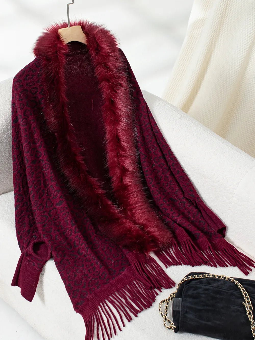 Fringe Leopard Open Front Long Sleeve Poncho - SuzRevera