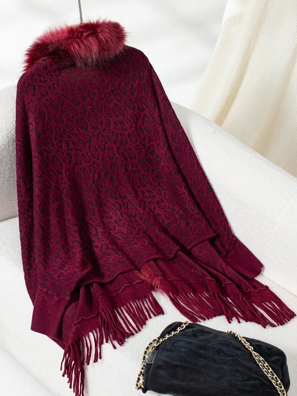 Fringe Leopard Open Front Long Sleeve Poncho - SuzRevera