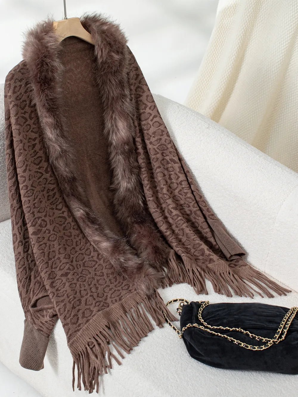 Fringe Leopard Open Front Long Sleeve Poncho - SuzRevera