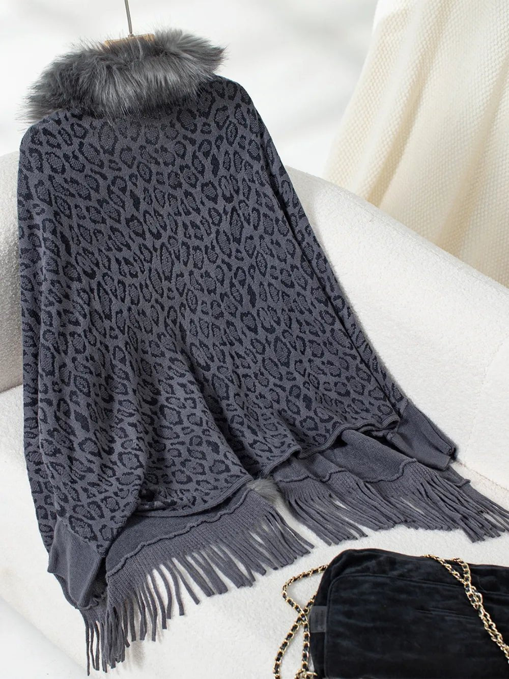 Fringe Leopard Open Front Long Sleeve Poncho - SuzRevera