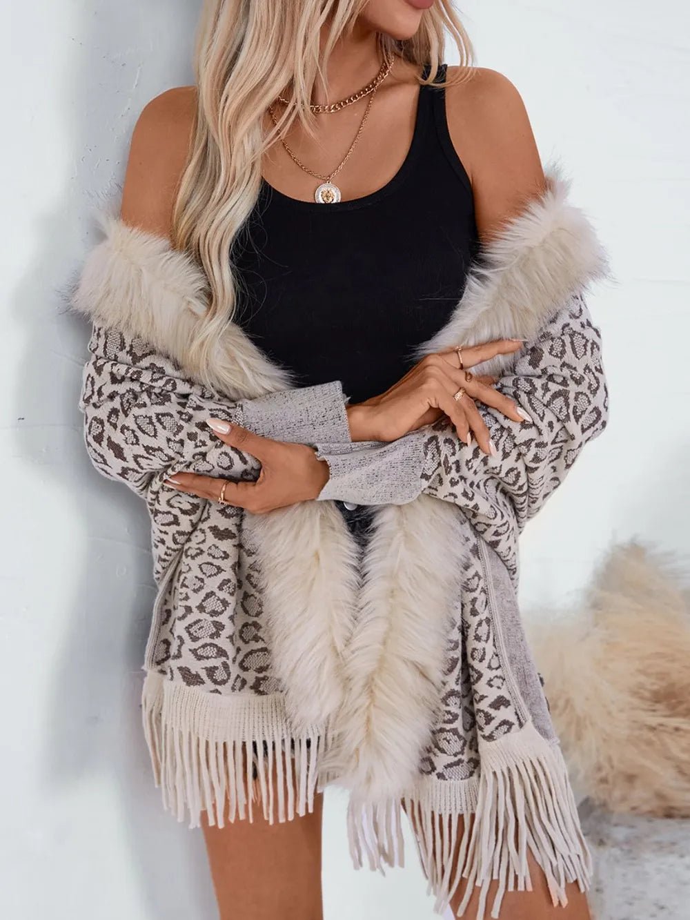 Fringe Leopard Open Front Long Sleeve Poncho - SuzRevera