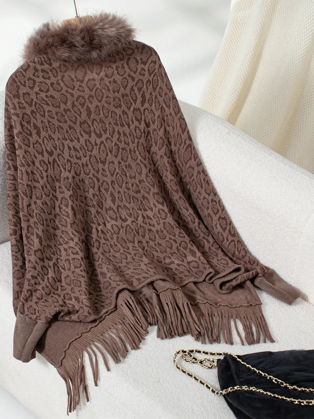 Fringe Leopard Open Front Long Sleeve Poncho - SuzRevera
