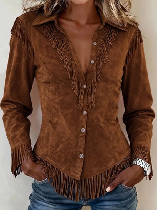 Fringed Button Up Long Sleeve Shirt - SuzRevera