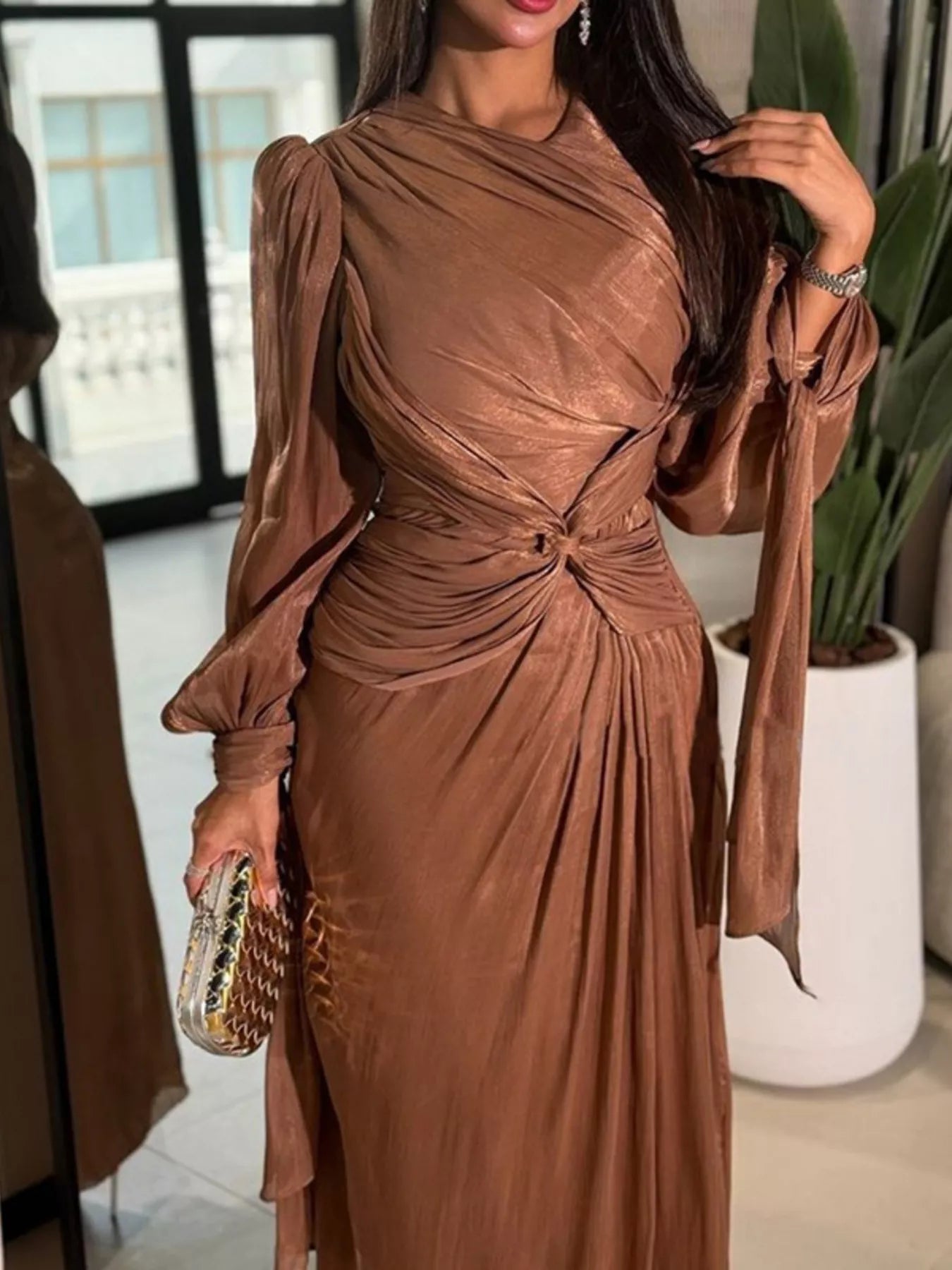 Front Twisted Draped Long Sleeve Maxi Dress - SuzRevera