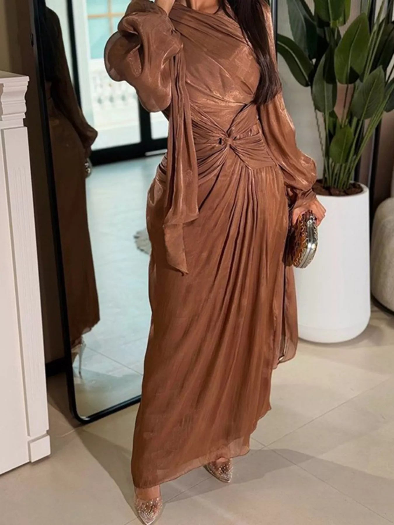 Front Twisted Draped Long Sleeve Maxi Dress - SuzRevera