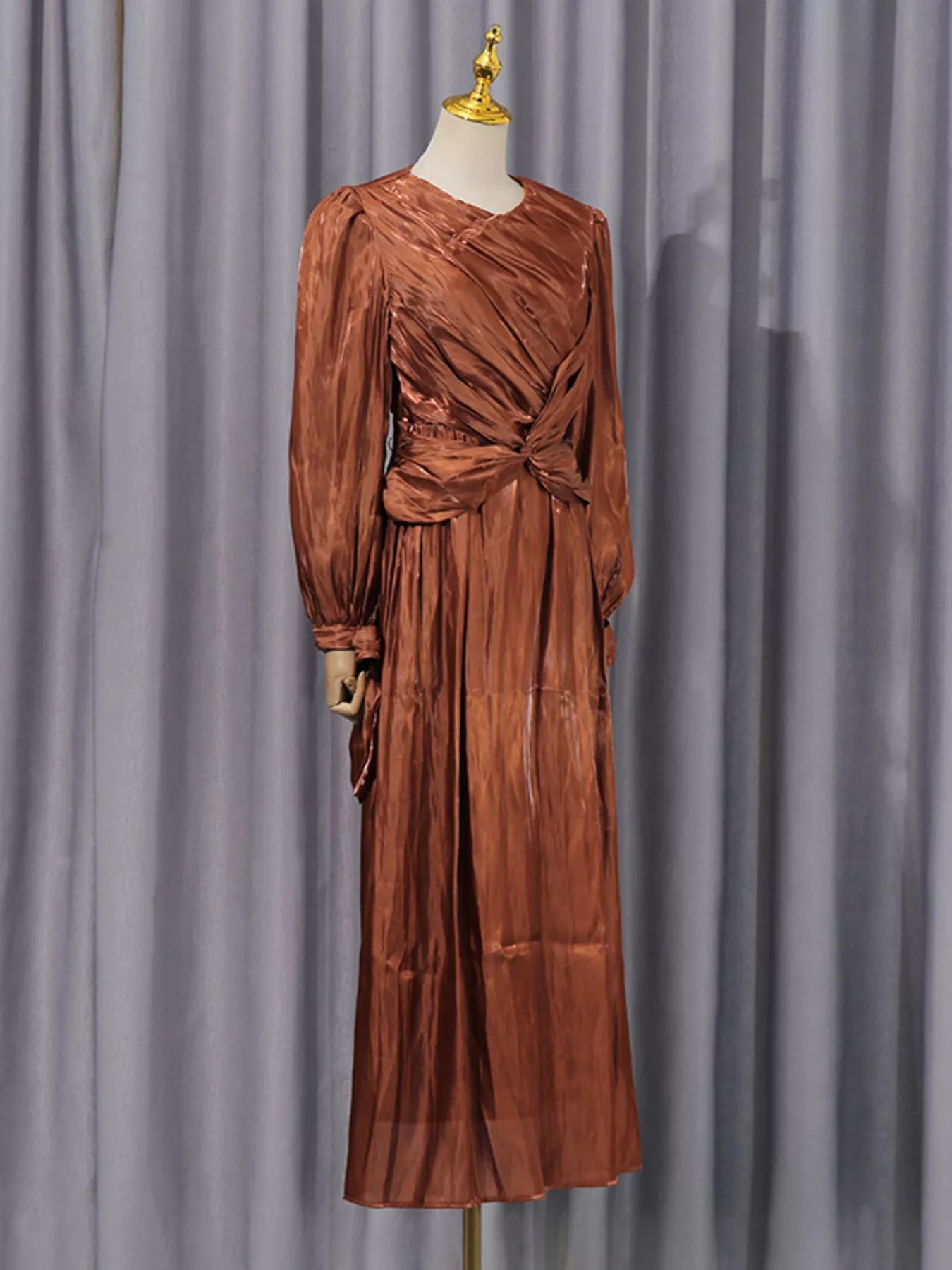 Front Twisted Draped Long Sleeve Maxi Dress - SuzRevera