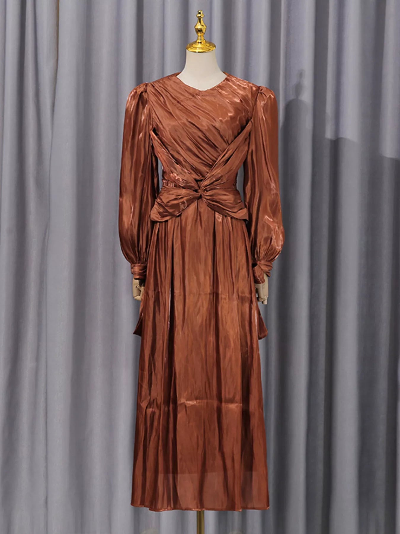 Front Twisted Draped Long Sleeve Maxi Dress - SuzRevera