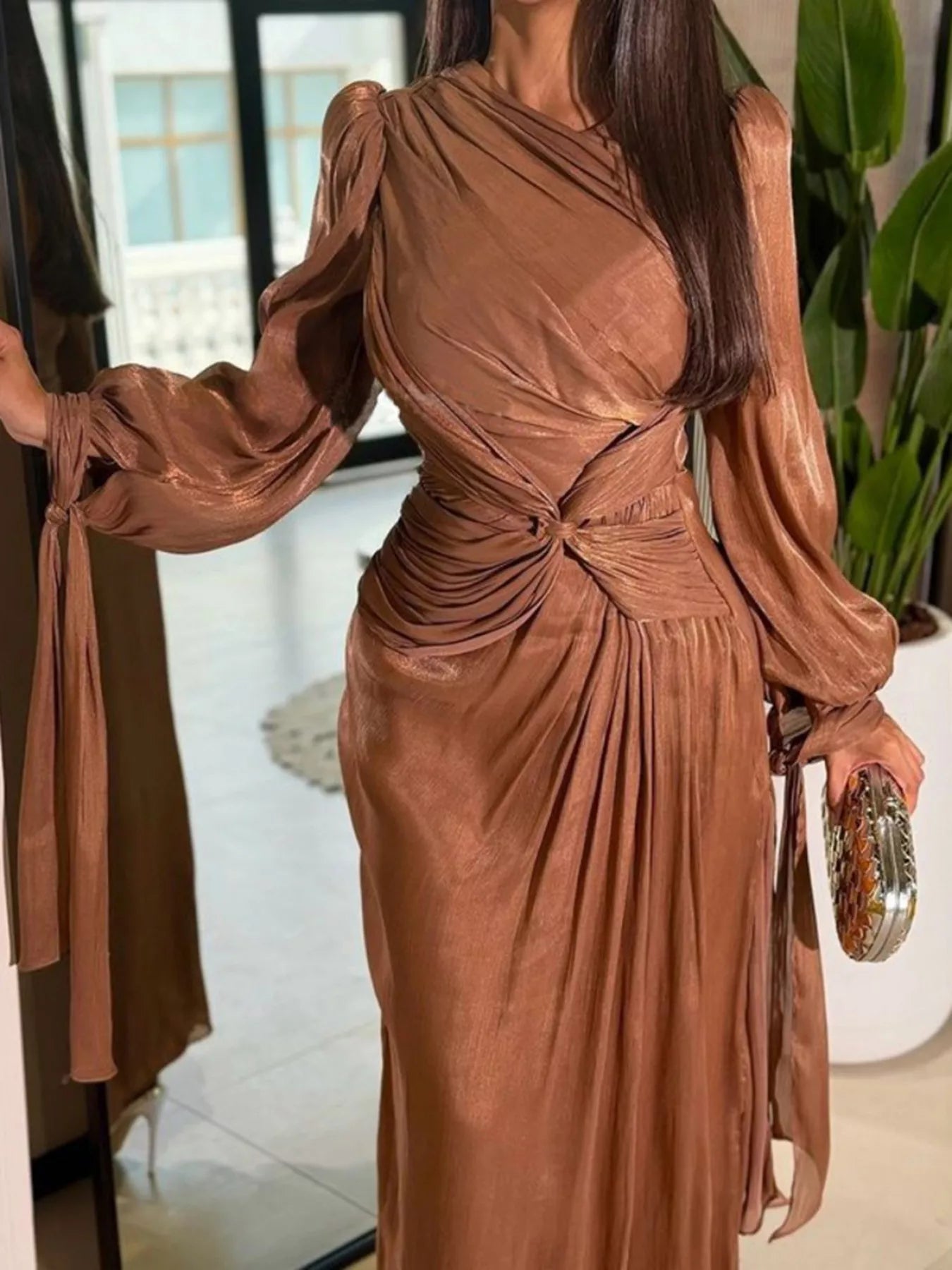Front Twisted Draped Long Sleeve Maxi Dress - SuzRevera