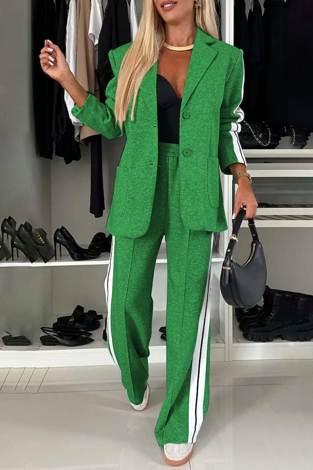 Full Size Contrast Lapel Collar Top and Pants Set - SuzRevera