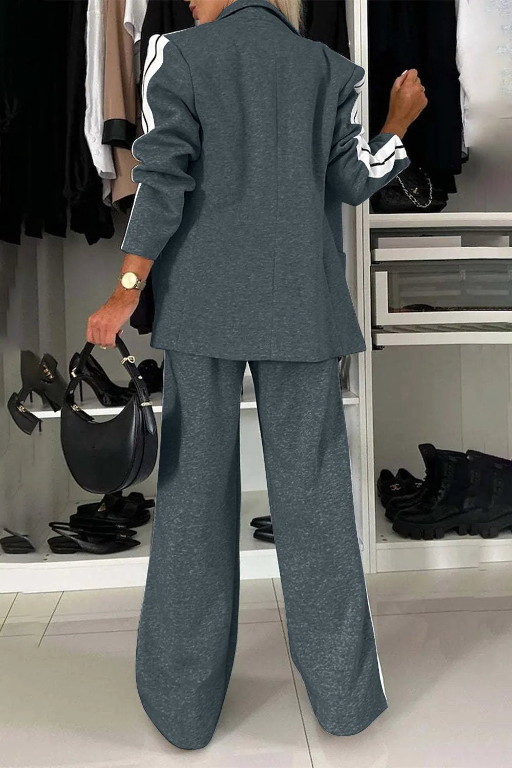 Full Size Contrast Lapel Collar Top and Pants Set - SuzRevera