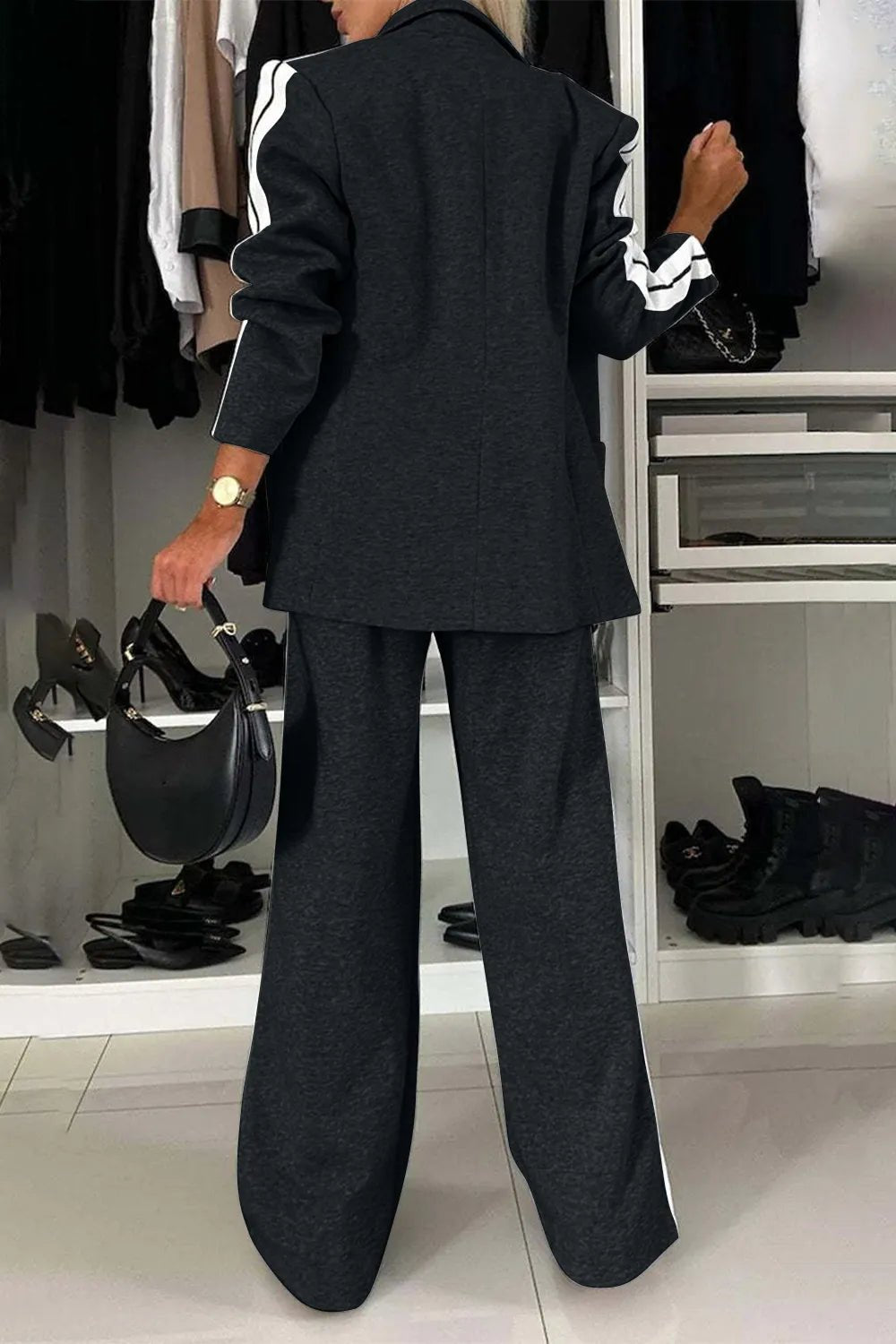 Full Size Contrast Lapel Collar Top and Pants Set - SuzRevera