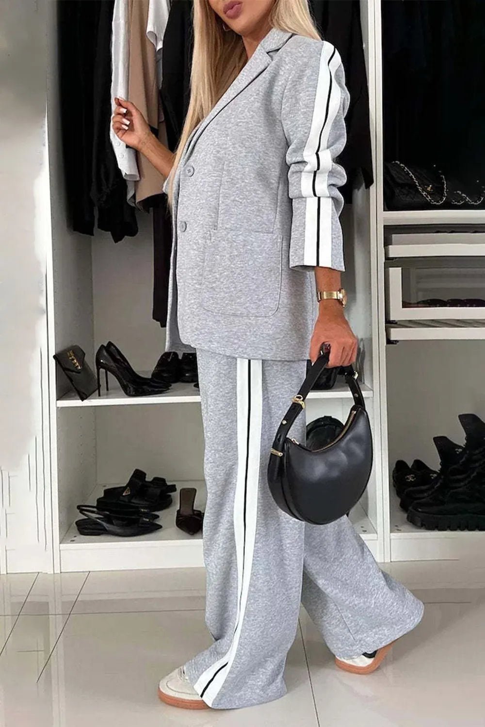 Full Size Contrast Lapel Collar Top and Pants Set - SuzRevera