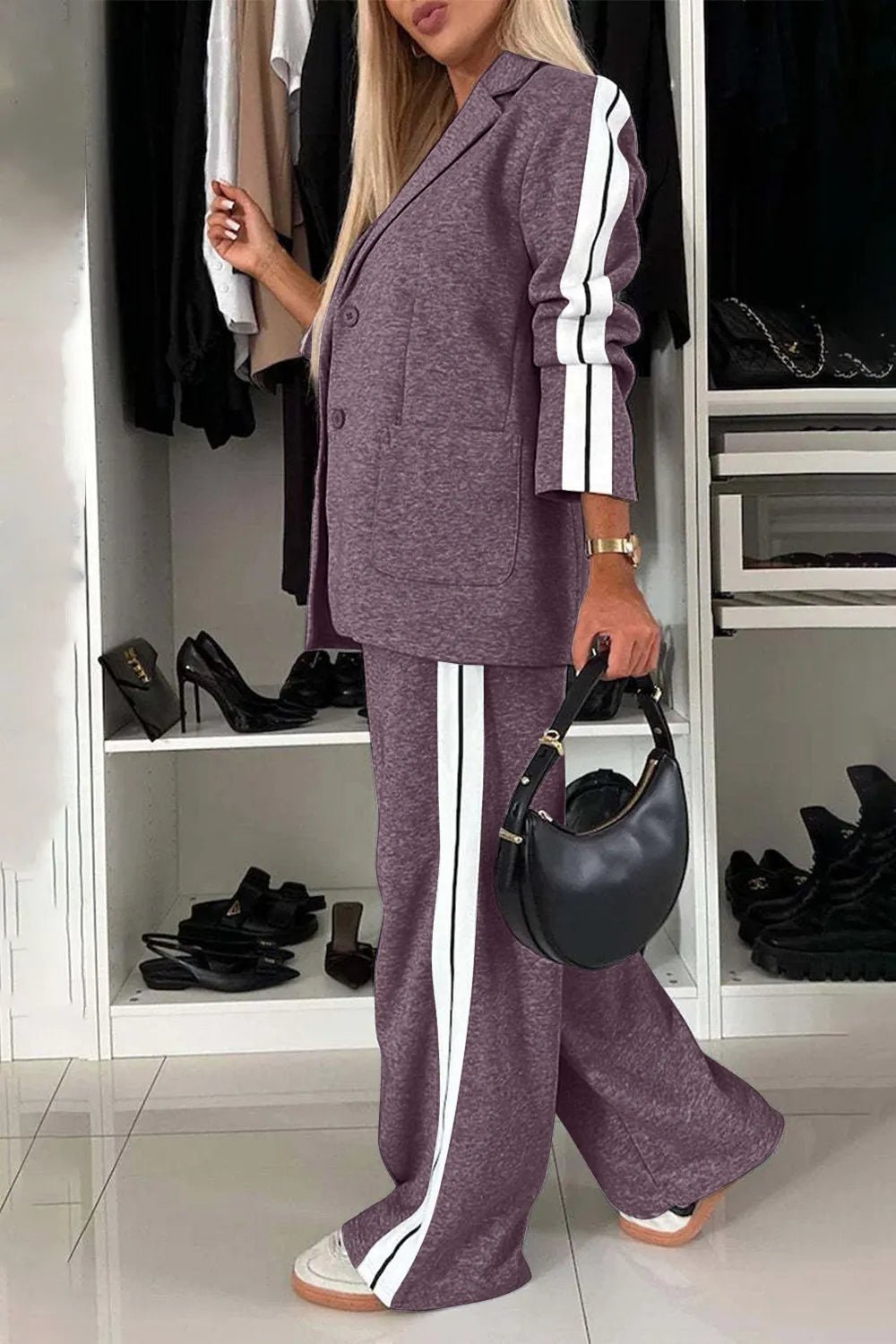 Full Size Contrast Lapel Collar Top and Pants Set - SuzRevera