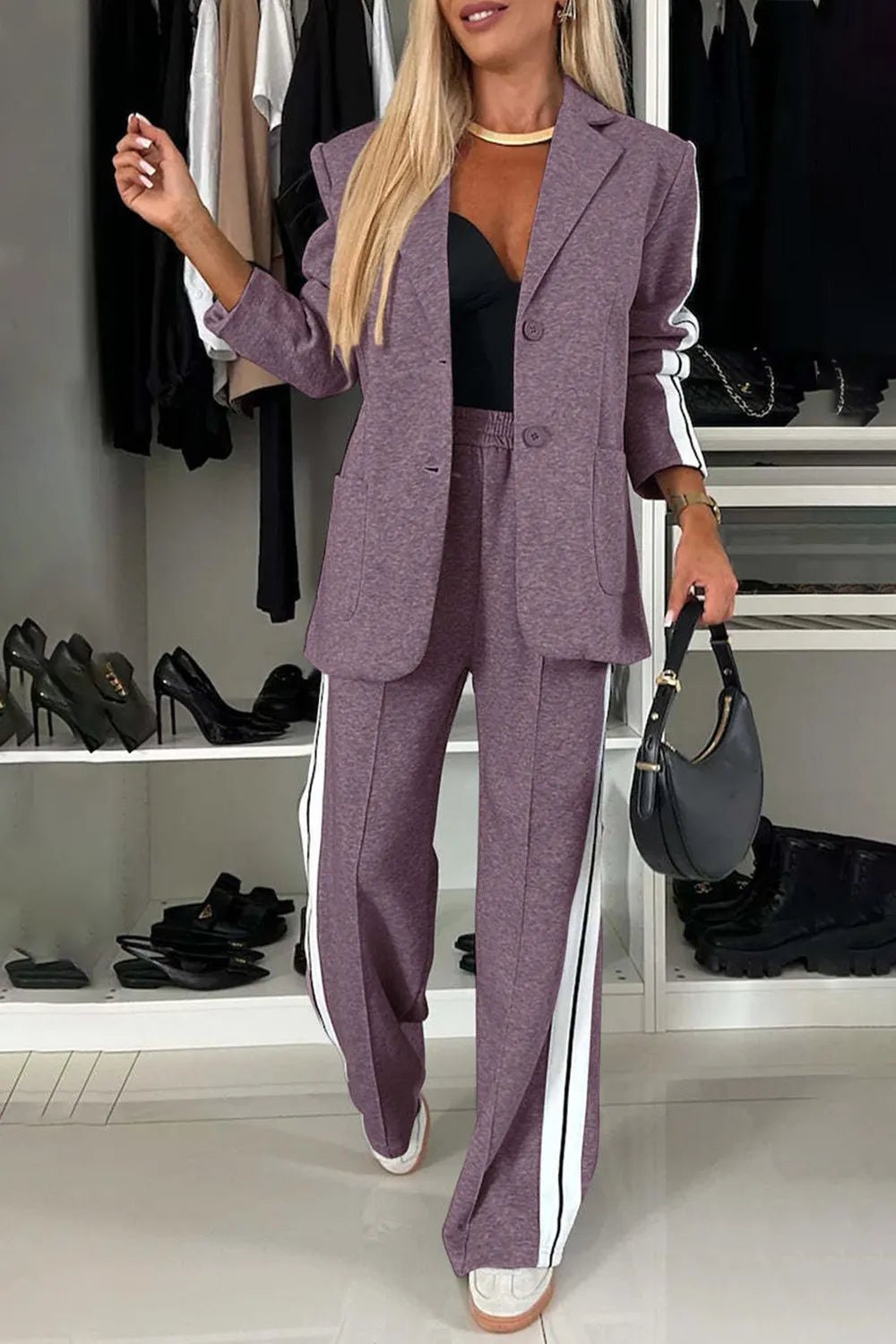 Full Size Contrast Lapel Collar Top and Pants Set - SuzRevera