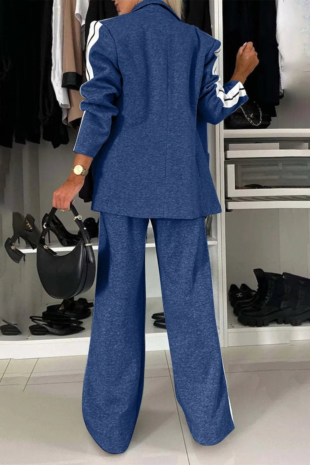 Full Size Contrast Lapel Collar Top and Pants Set - SuzRevera